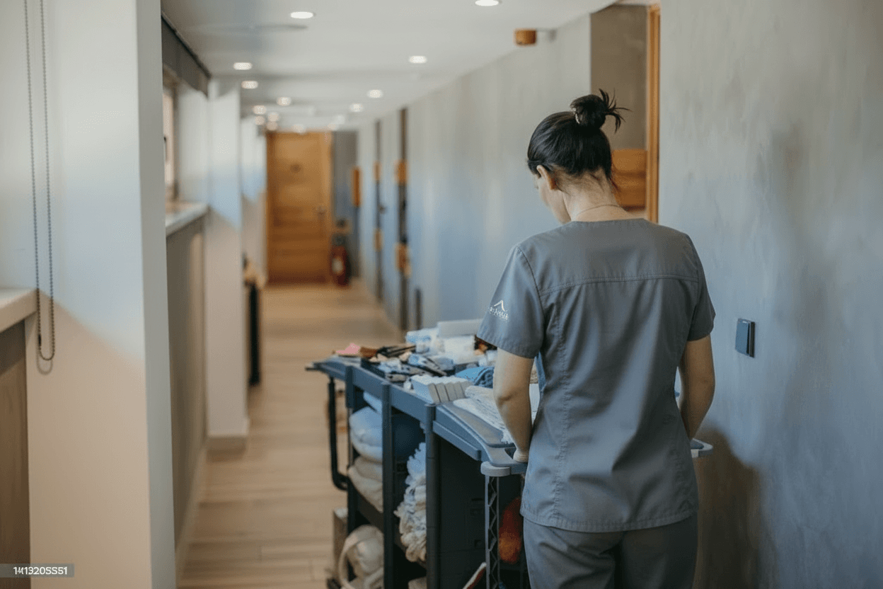 Maid team preparing cleaning supplies